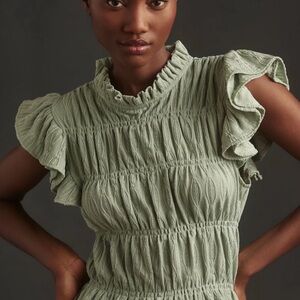 Blue Tassel Ruched Flutter-Sleeve Blouse